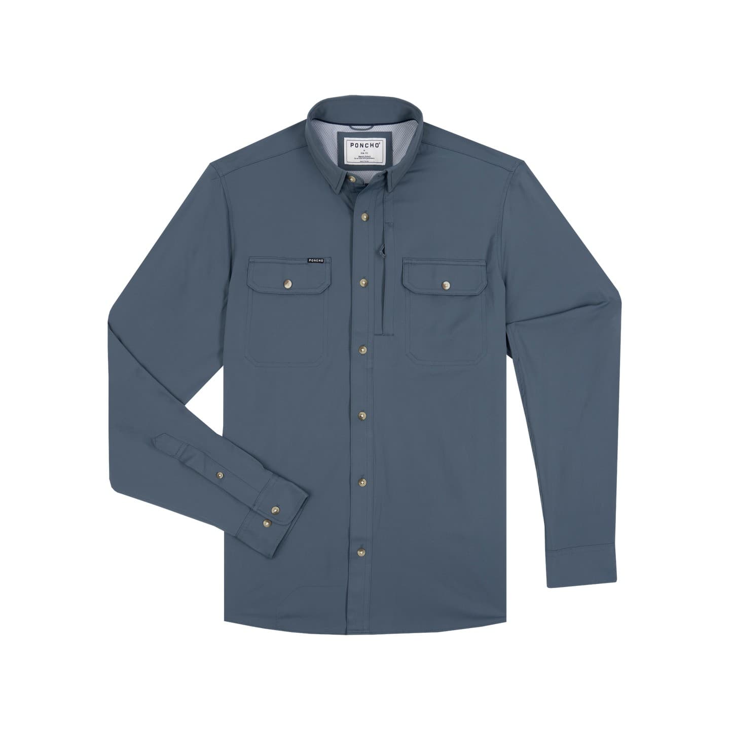 Blue button-up long sleeve shirt with two front pockets